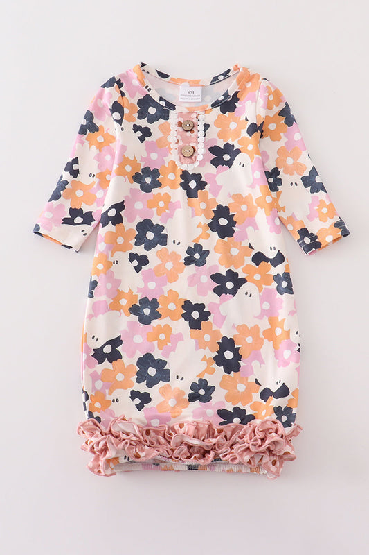 Pink floral print ruffle baby gown