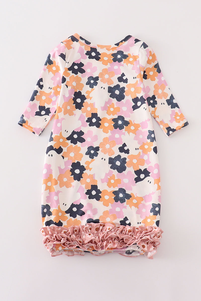 Pink floral print ruffle baby gown