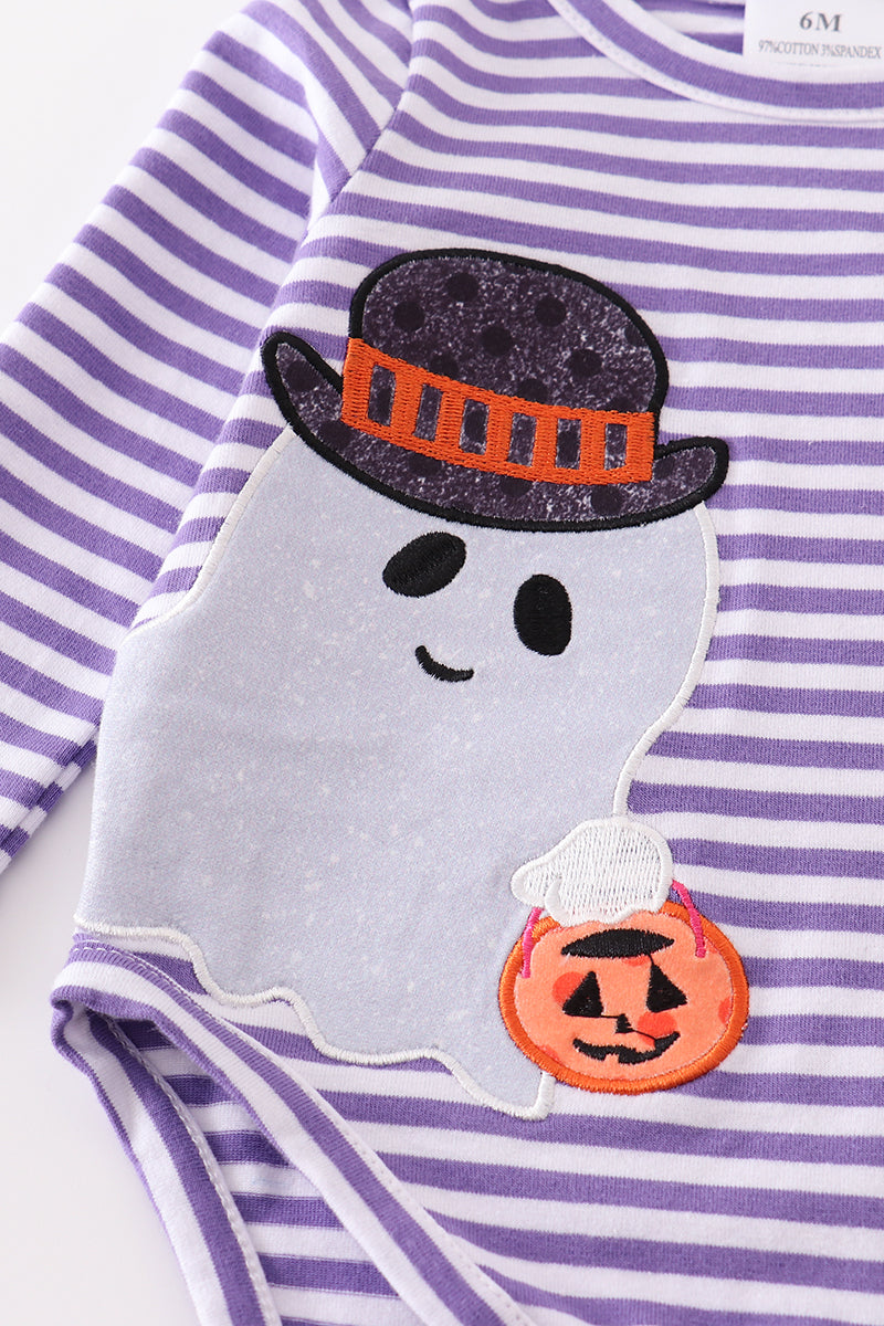 Purple stripe ghost pumpkin applique boy romper