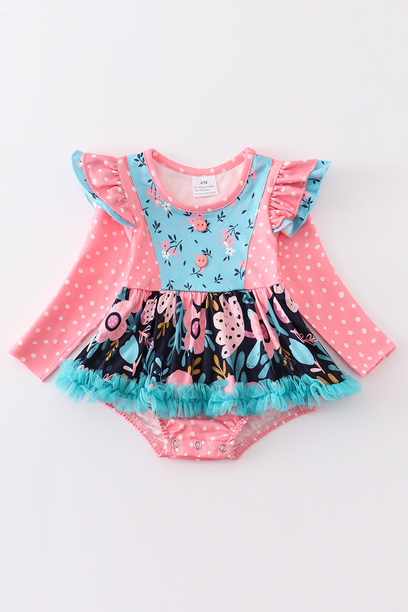 Pink floral print ruffle baby romper