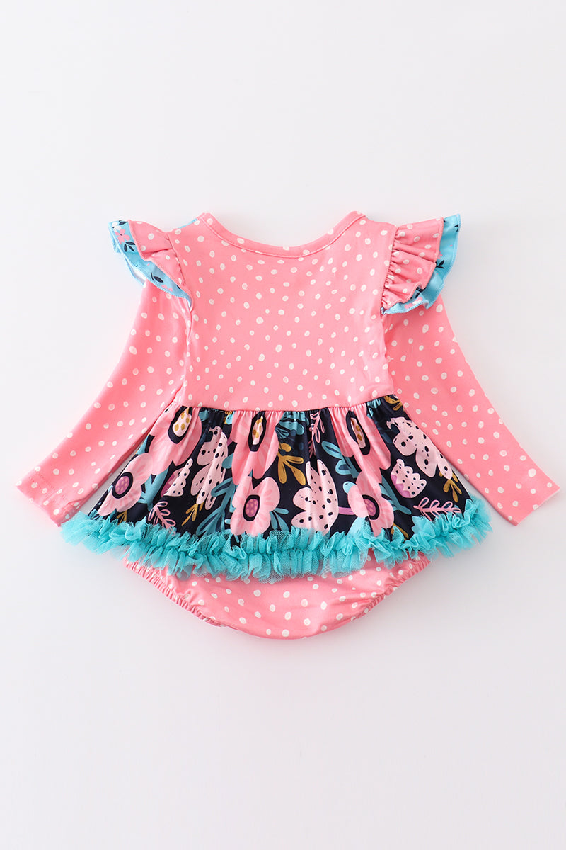 Pink floral print ruffle baby romper