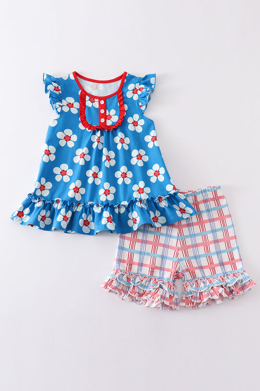 Blue & white floral print ruffle girl set