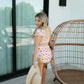 Orange floral print smocked bikini 2pc women swimsuit