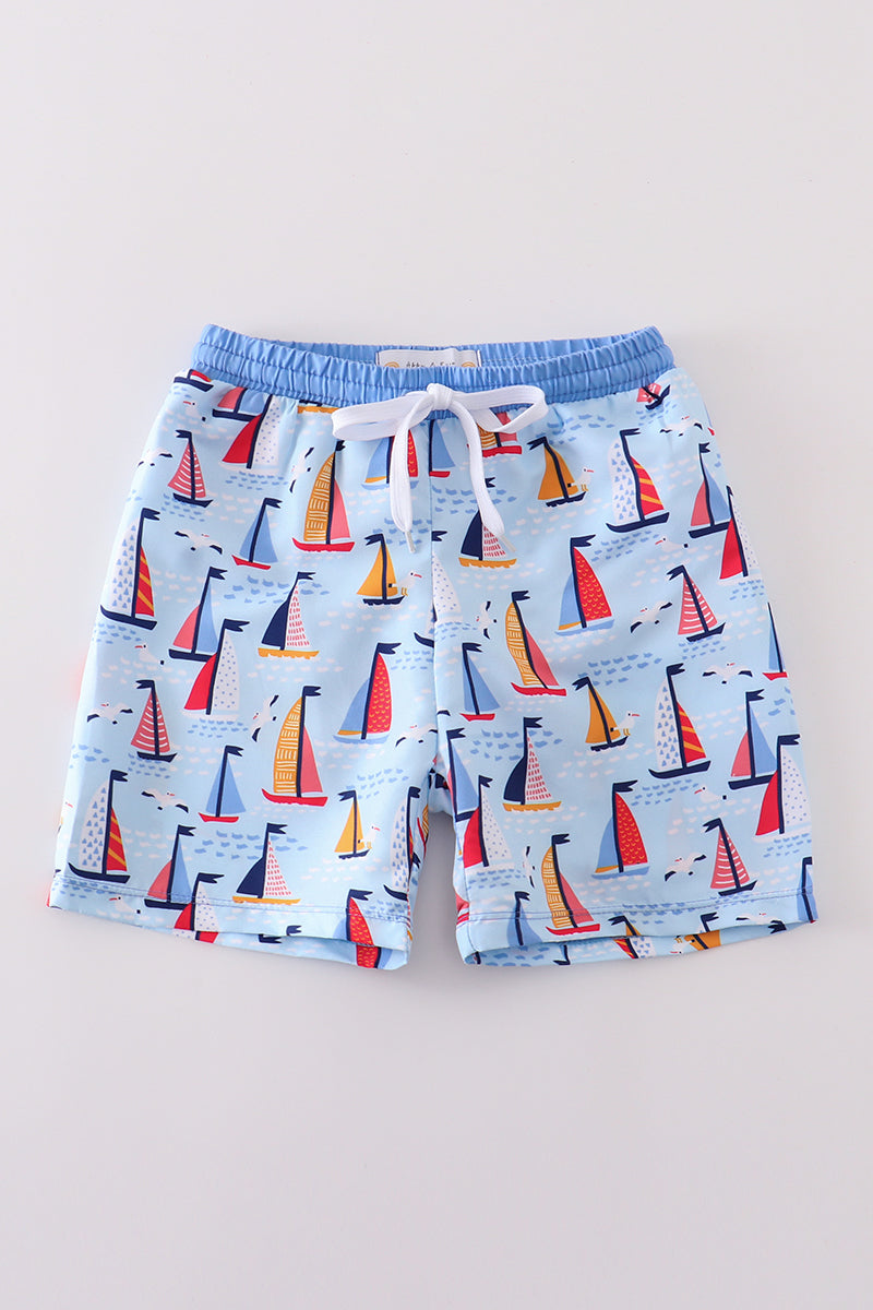 Blue sailboat print boy swim trunk