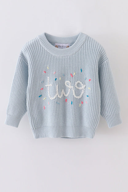 Blue hand-embroidery one&two pullover sweater