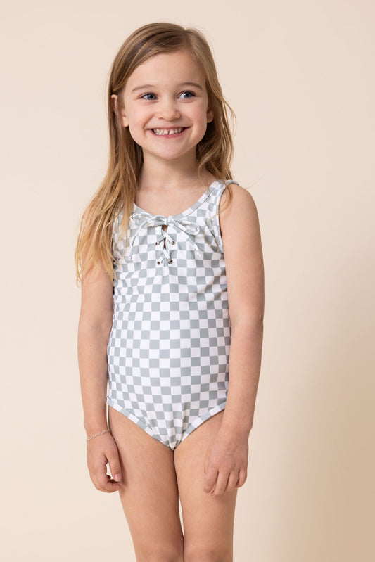 Gren plaid tie one piece girl swimsuit