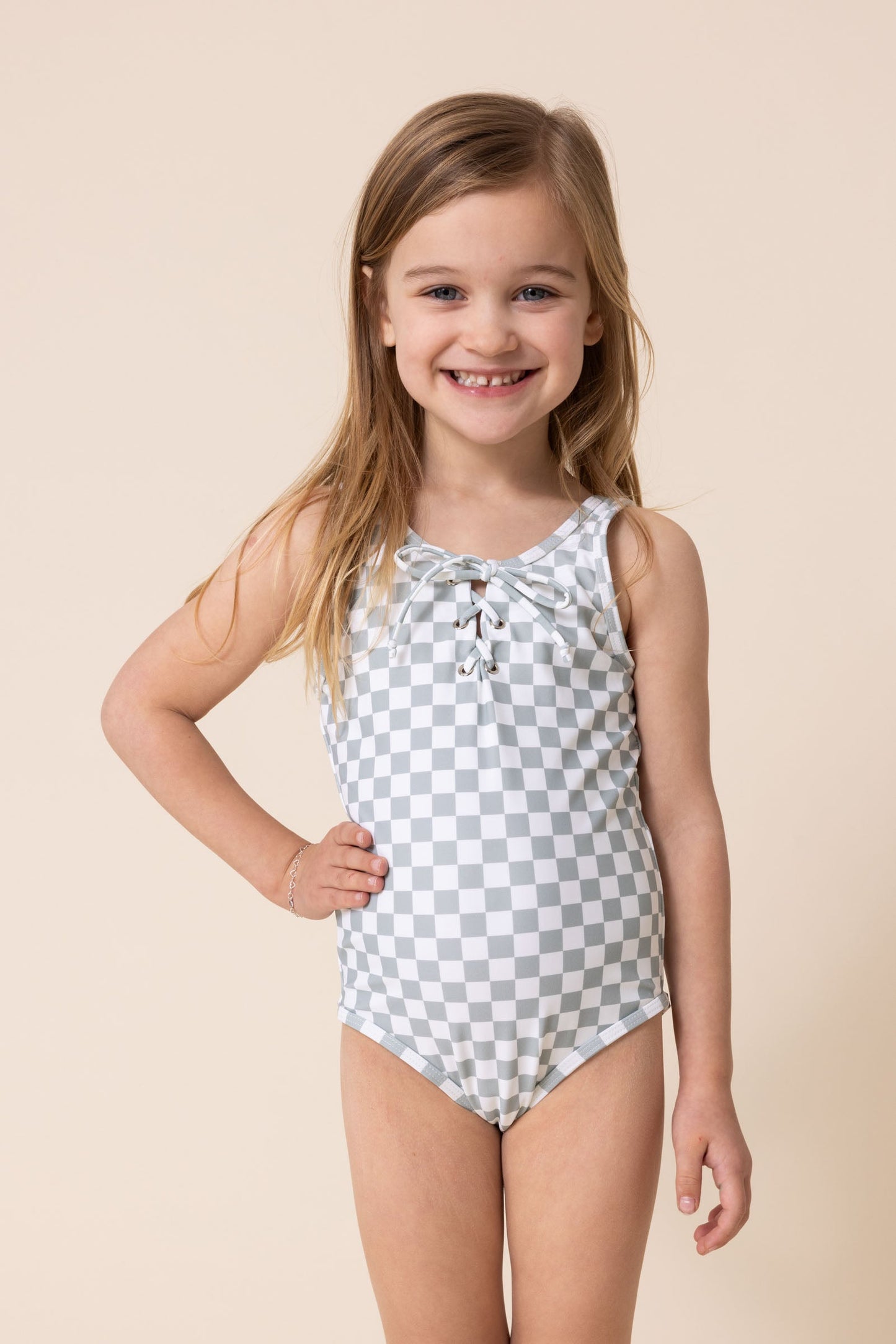 Gren plaid tie one piece girl swimsuit