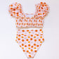 Orange floral print smocked bikini 2pc women swimsuit