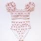 Cherry print smocked bikini 2pc women swimsuit